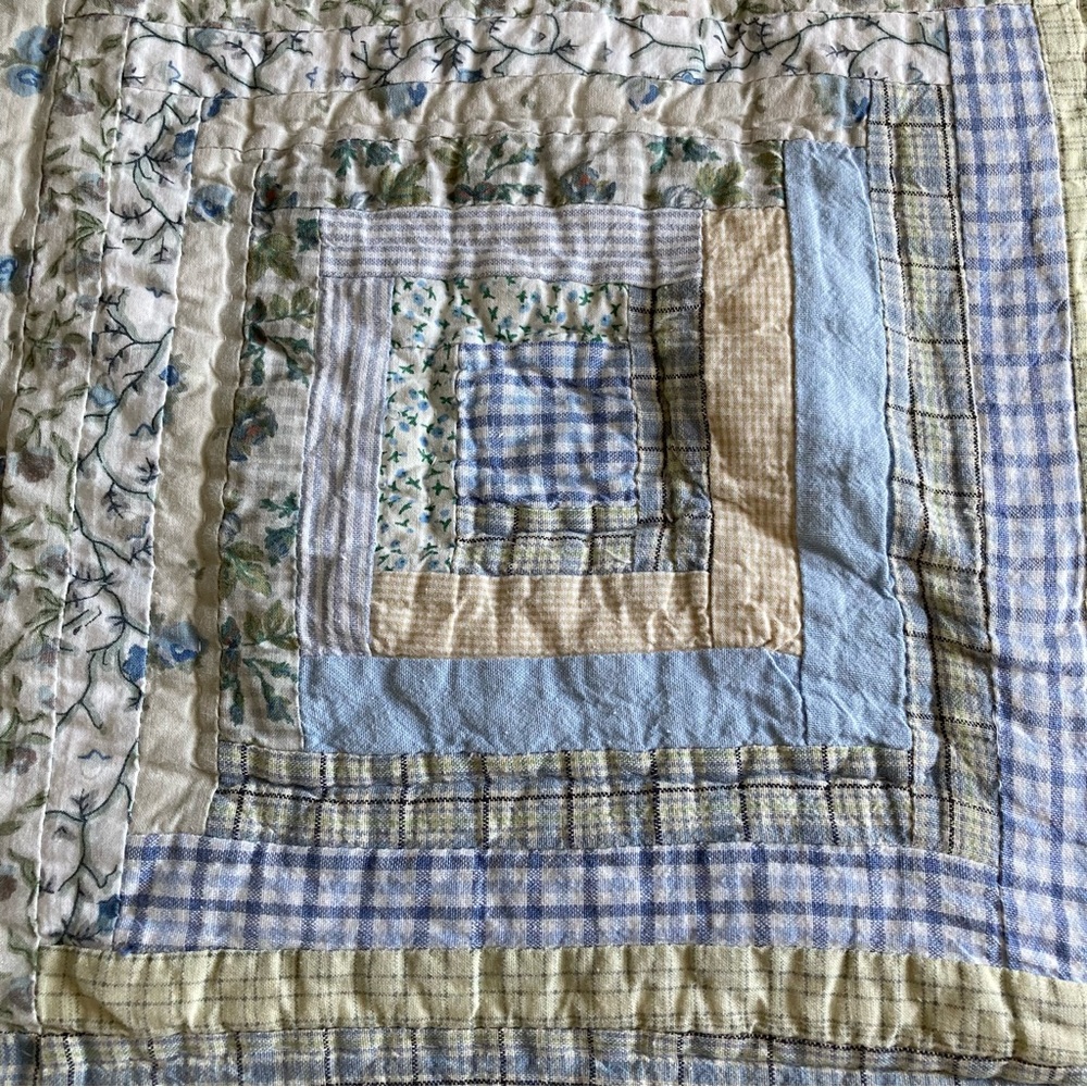 Vintage Log Cabin pattern quilt in soft blues, greens and yellows 85” X 85”